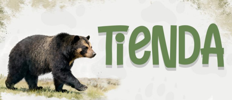 Ilustración de un oso de anteojos caminando en un paisaje natural andino, rodeado de flora silvestre, junto al texto “Tienda”.